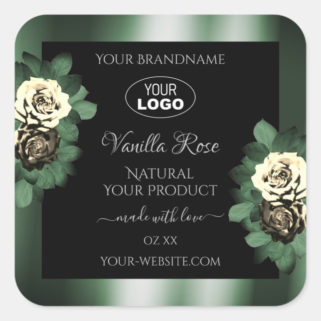 Dunkelgrüne schwarze Produktkennzeichnungen, Rose  Quadratischer Aufkleber (Vorderseite)