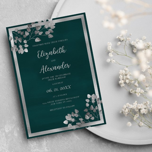 Dunkelgrüne Silbereukalyptusblume Einladung (Dark green silver eucalyptus leaf elegant Wedding)