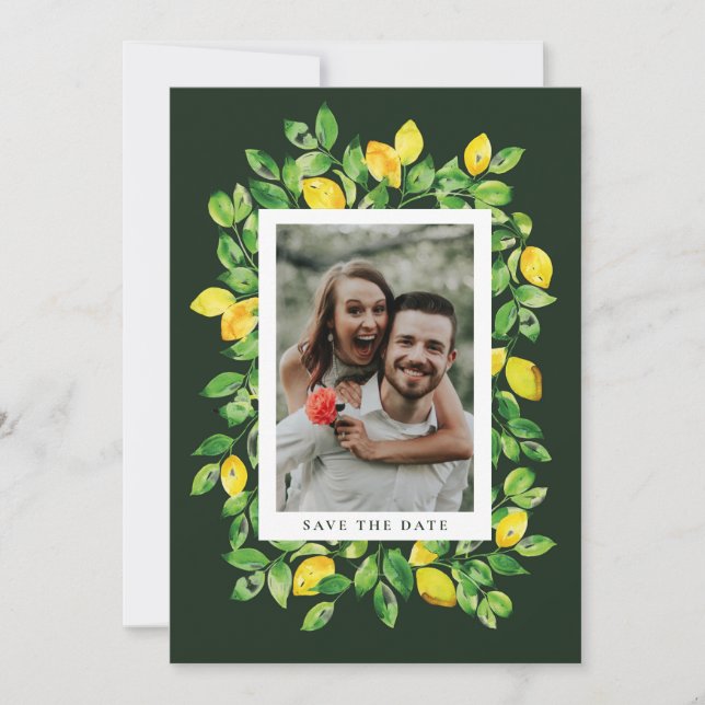 Dunkelgrüne Sommerlemonen und Foliage-Foto Save The Date (Vorderseite)