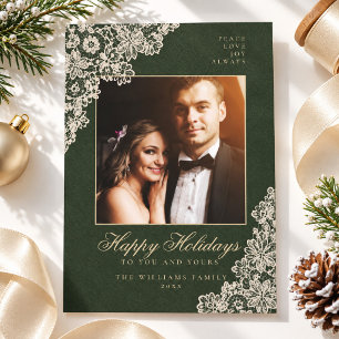 Dunkelgrüne Spitze Elegante Familienfoto Weihnacht Feiertagskarte