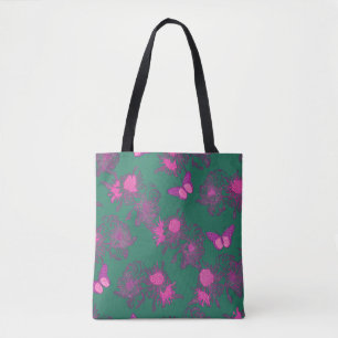 Dunkelgrüne Tragetasche mit heißen rosa Blumenmust