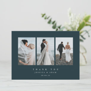 Dunkelgrüne Ultra-Minimal-Dreifach-Foto-Hochzeitsf Dankeskarte