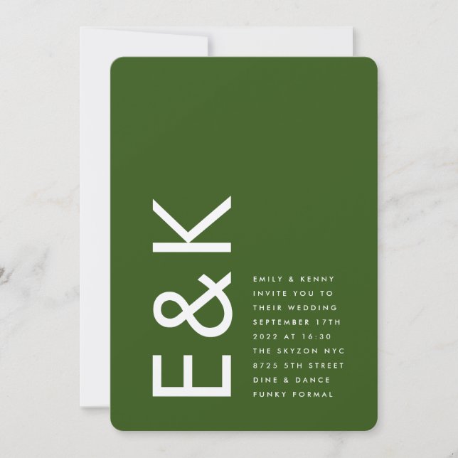 Dunkelgrüne ultramoderne Monogramm-Hochzeit Einladung (Vorderseite)