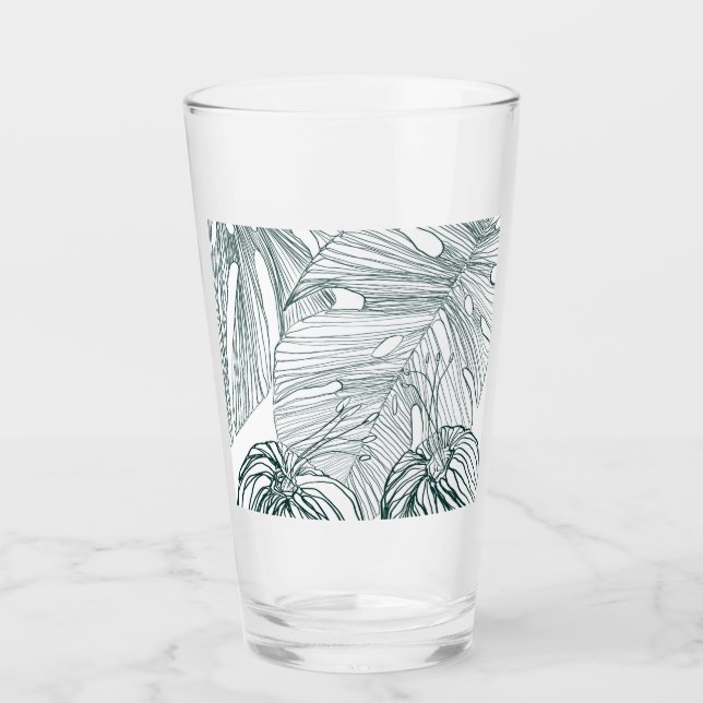 dunkelgrüne und aquamarine Monstera-Blätter & Lili Glas (Vorderseite)