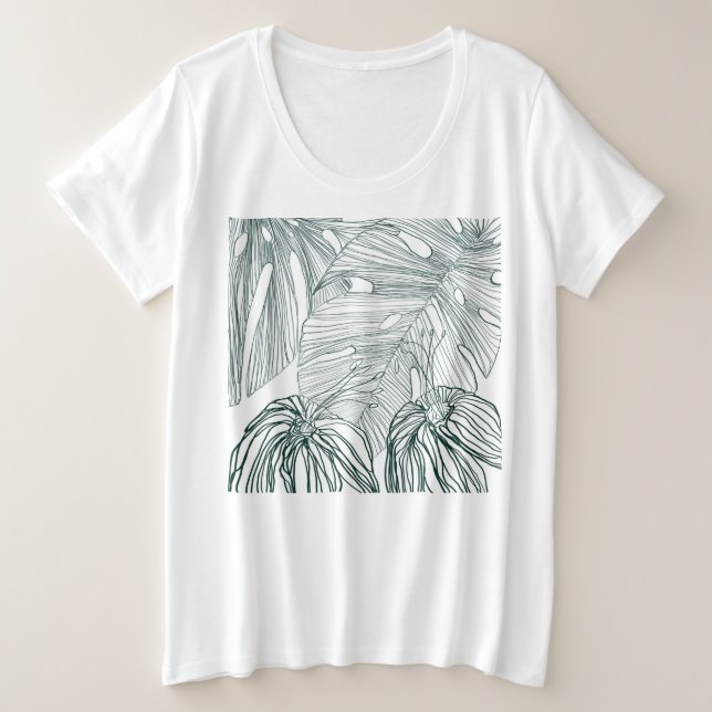 dunkelgrüne und aquamarine Monstera-Blätter & Lili Große Größe T-Shirt (Design vorne)