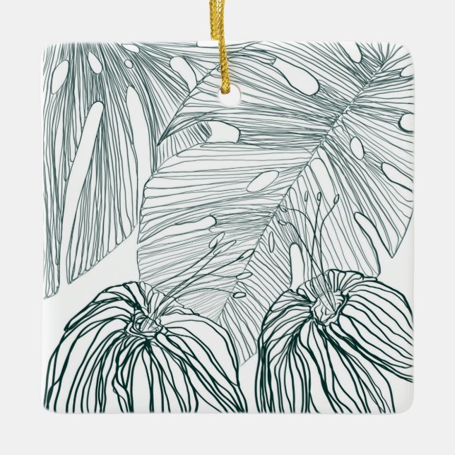 dunkelgrüne und aquamarine Monstera-Blätter & Lili Keramikornament (Vorderseite)