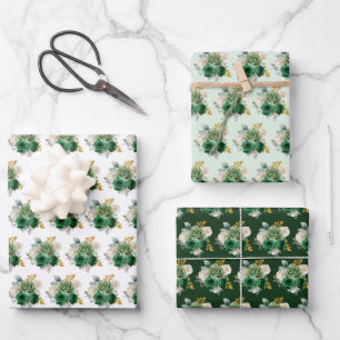 Dunkelgrüne und goldene elegante Blumen Geschenkpapier Set