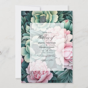 Dunkelgrüne und pastellrosa Blumenhochzeit Einladung