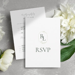 Dunkelgrüne und weiße Floral Monogramm Hochzeit RS RSVP Karte
