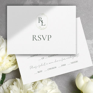 Dunkelgrüne und weiße Floral Monogramm Hochzeit RS RSVP Karte