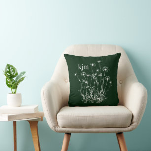 Dunkelgrüne und weiße Wildblumen-Monogramm Kissen