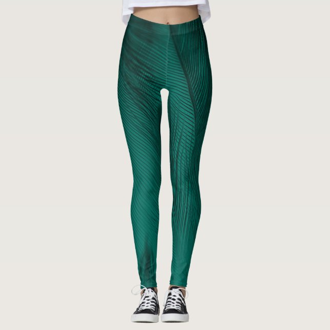 Dunkelgrüne Vintage Feather Textur Leggings (Vorderseite)