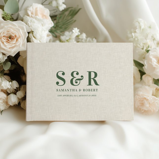 Dunkelgrüne Wedding Monogram Beige Linen Gästebuch (Von Creator hochgeladen)