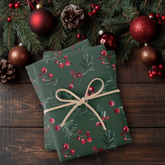 Dunkelgrüne Weihnachtswasserfarbe Rustikaler Pinie Geschenkpapier Set (Dark Green Christmas Watercolor Rustic Pine Bough Wrapping Paper Sheets)