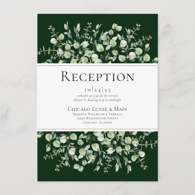 Dunkelgrüner Eukalyptus-Hochzeitempfang Begleitkarte (Vorderseite)