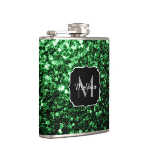 Dunkelgrüner falscher Glitter funkelt Monogramm Flachmann