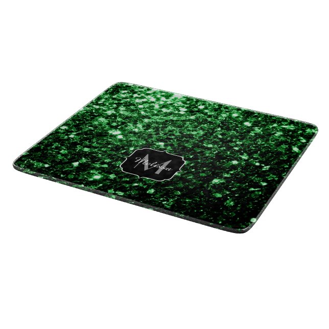 Dunkelgrüner falscher Glitter funkelt Monogramm Schneidebrett (Ecke)