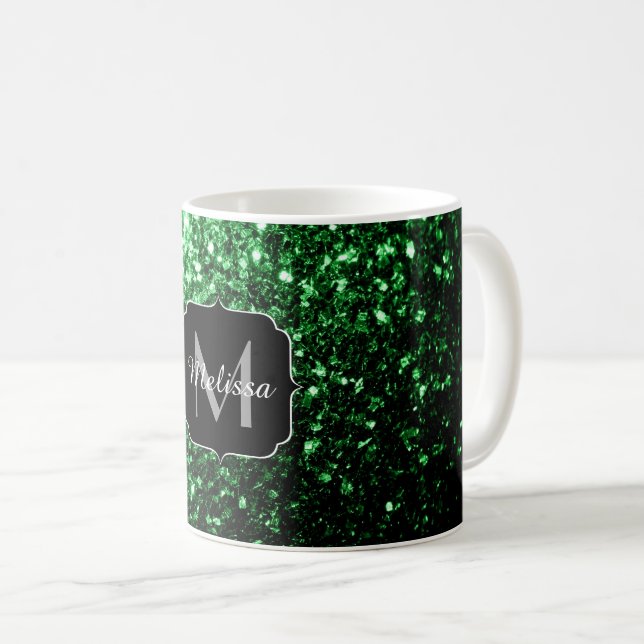 Dunkelgrüner falscher Glitterfunkel Monogramm Tasse (VorderseiteRechts)
