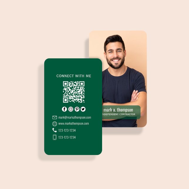 Dunkelgrüner Foto-QR-Code Verbinde dich mit mir Visitenkarte (Dark green QR code card with photo and clean modern contact layout)