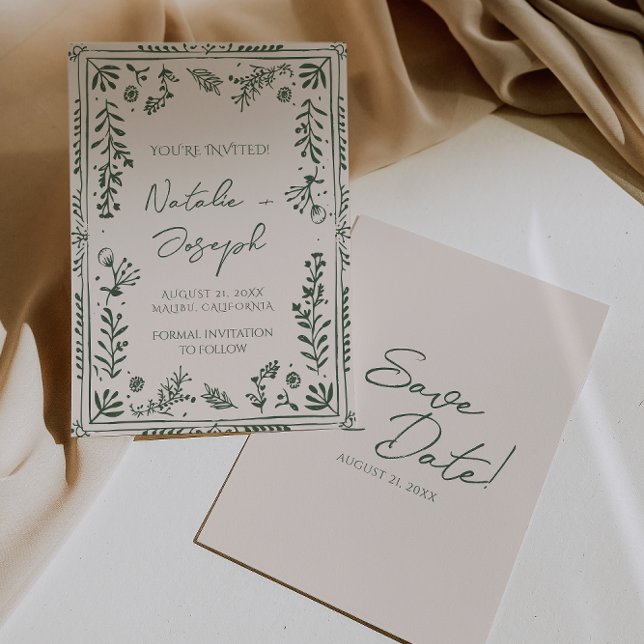 Dunkelgrüner handgezeichneter floraler Garten Boho Save The Date (Von Creator hochgeladen)