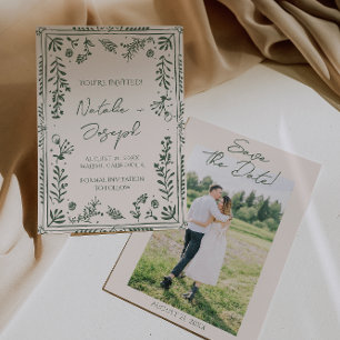 Dunkelgrüner handgezeichneter floraler Garten Foto Save The Date