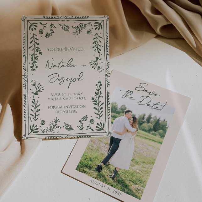 Dunkelgrüner handgezeichneter floraler Garten Foto Save The Date (Von Creator hochgeladen)