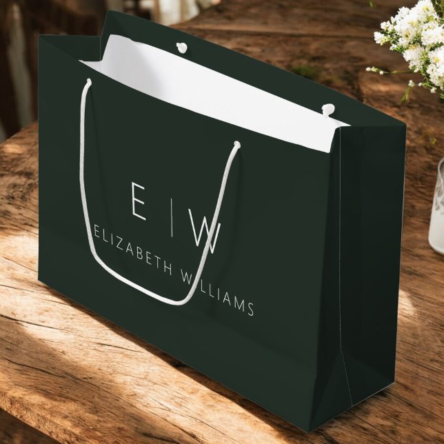 Dunkelgrüner moderner Minimalistischer Monogrammna Große Geschenktüte (Von Creator hochgeladen)