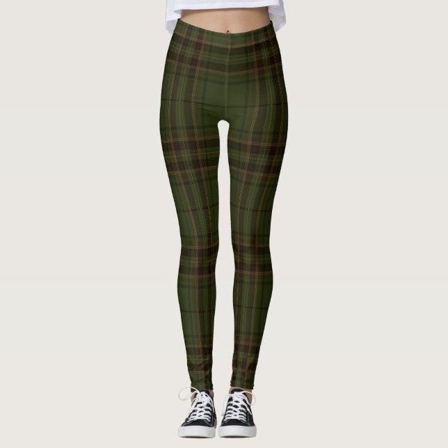 Dunkelgrüner Schwarzer Brauner Schottischer Tartan Leggings (Vorderseite)