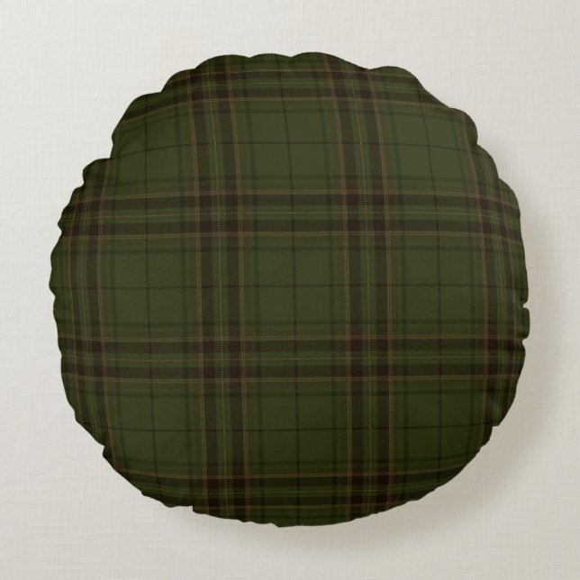 Dunkelgrüner Schwarzer Brauner Schottischer Tartan Rundes Kissen (Vorderseite)