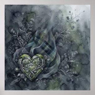 Dunkelgrüner Tartan-Keltischer Herz-Distel-Plakat Poster