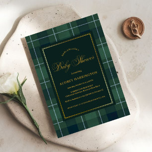 Dunkelgrüner Tartan-Polo-Karo-Vintage-Baby-Shower Einladung