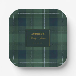 Dunkelgrüner Tartan-Polo-Karo-Vintage-Baby-Shower Pappteller