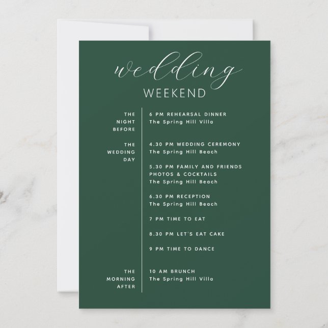 Dunkelgrüner Wald-Hochzeitswochenendplan Einladung (Rückseite)