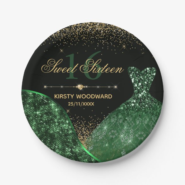 Dunkelgrünes Aquarellkleid & Glam Wave Sweet 16 Pappteller (Vorderseite)