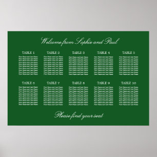 Dunkelgrünes Hochzeits-Sitzplan-Poster für 10 Tisc Poster