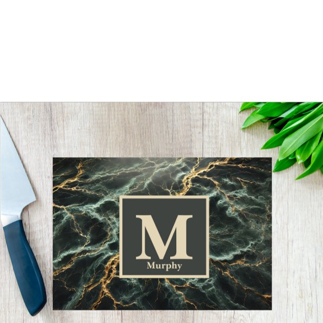 Dunkelgrünes Marmor und Goldvene-Monogramm Schneidebrett (Von Creator hochgeladen)