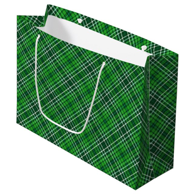 Dunkelgrünes u. Waldgrün-kariertes Muster Große Geschenktüte (Vorderseite Schrägansicht)