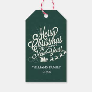 Dunkelgrünes Vintage-Frohe Weihnachten Frohes Neue Geschenkanhänger