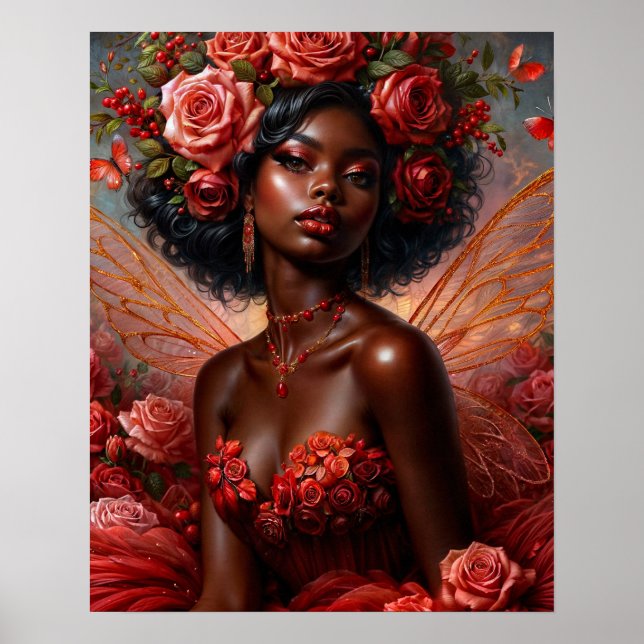 Dunkelhäutige Fee mit roten Rosen Poster (Vorne)