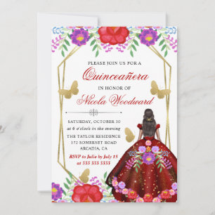 Dunkelhäutige Frau im mexikanischen Blumenkleid Qu Einladung