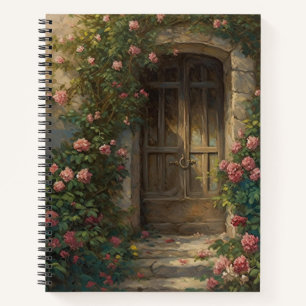 DUNKELHOLZTÜR MIT PINKEN BLUME NOTIZBUCH