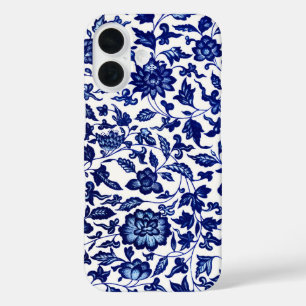 Dunkelmarineblau-Blumenmuster auf Weiß iPhone 16 Hülle
