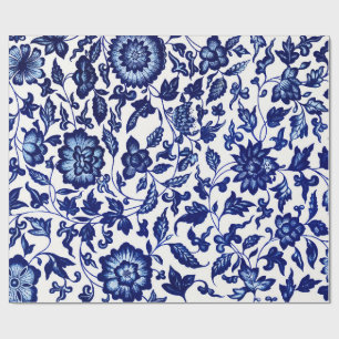 Dunkelmarineblau-Blumenmuster auf Weiß Geschenkpapier