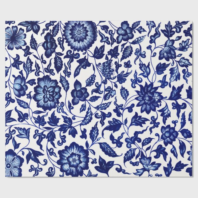 Dunkelmarineblau-Blumenmuster auf Weiß Geschenkpapier (Flach)