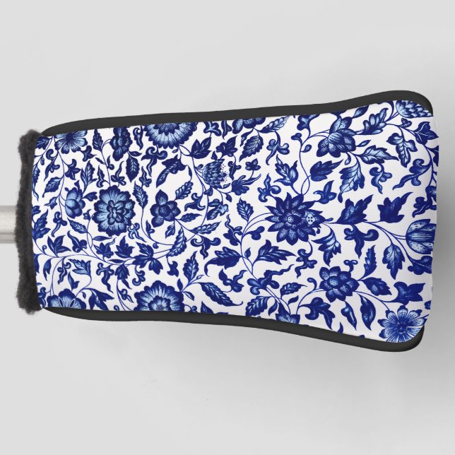 Dunkelmarineblau-Blumenmuster auf Weiß Golf Headcover (Vorderseite)