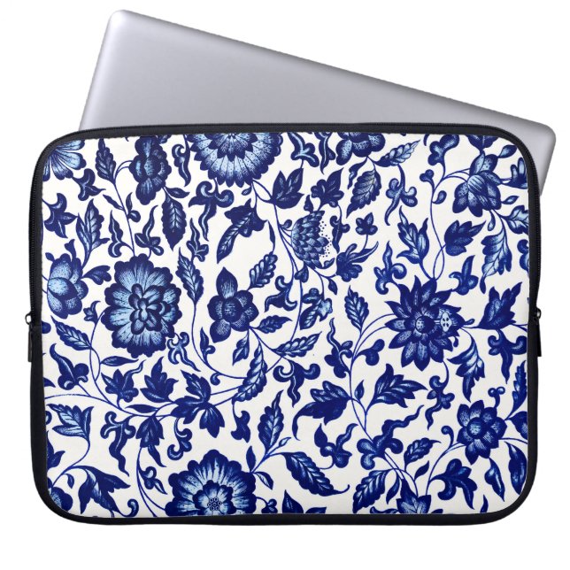 Dunkelmarineblau-Blumenmuster auf Weiß Laptopschutzhülle (Vorderseite)