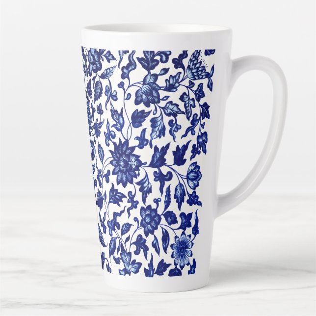 Dunkelmarineblau-Blumenmuster auf Weiß Milchtasse (Rechts)