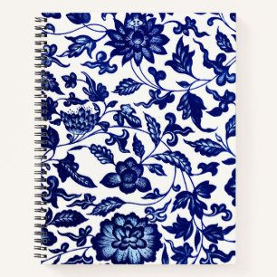 Dunkelmarineblau-Blumenmuster auf Weiß Notizbuch