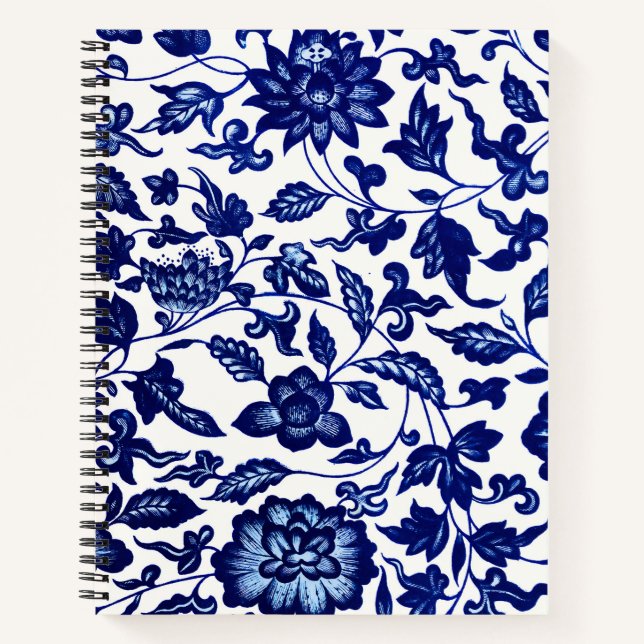 Dunkelmarineblau-Blumenmuster auf Weiß Notizbuch (Vorderseite)
