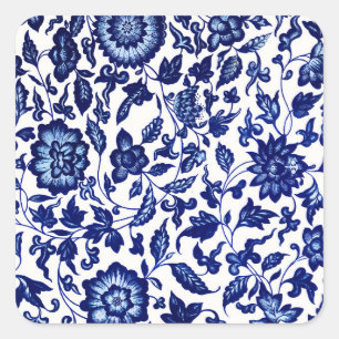 Dunkelmarineblau-Blumenmuster auf Weiß Quadratischer Aufkleber